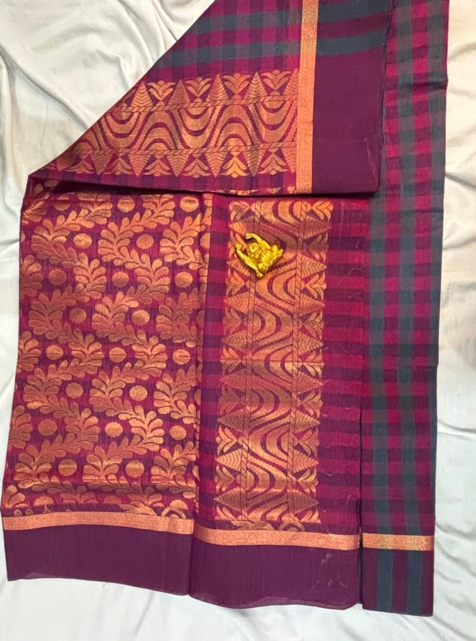Berry Magenta & Charcoal Checked Kalyani Cotton Saree - KLC005