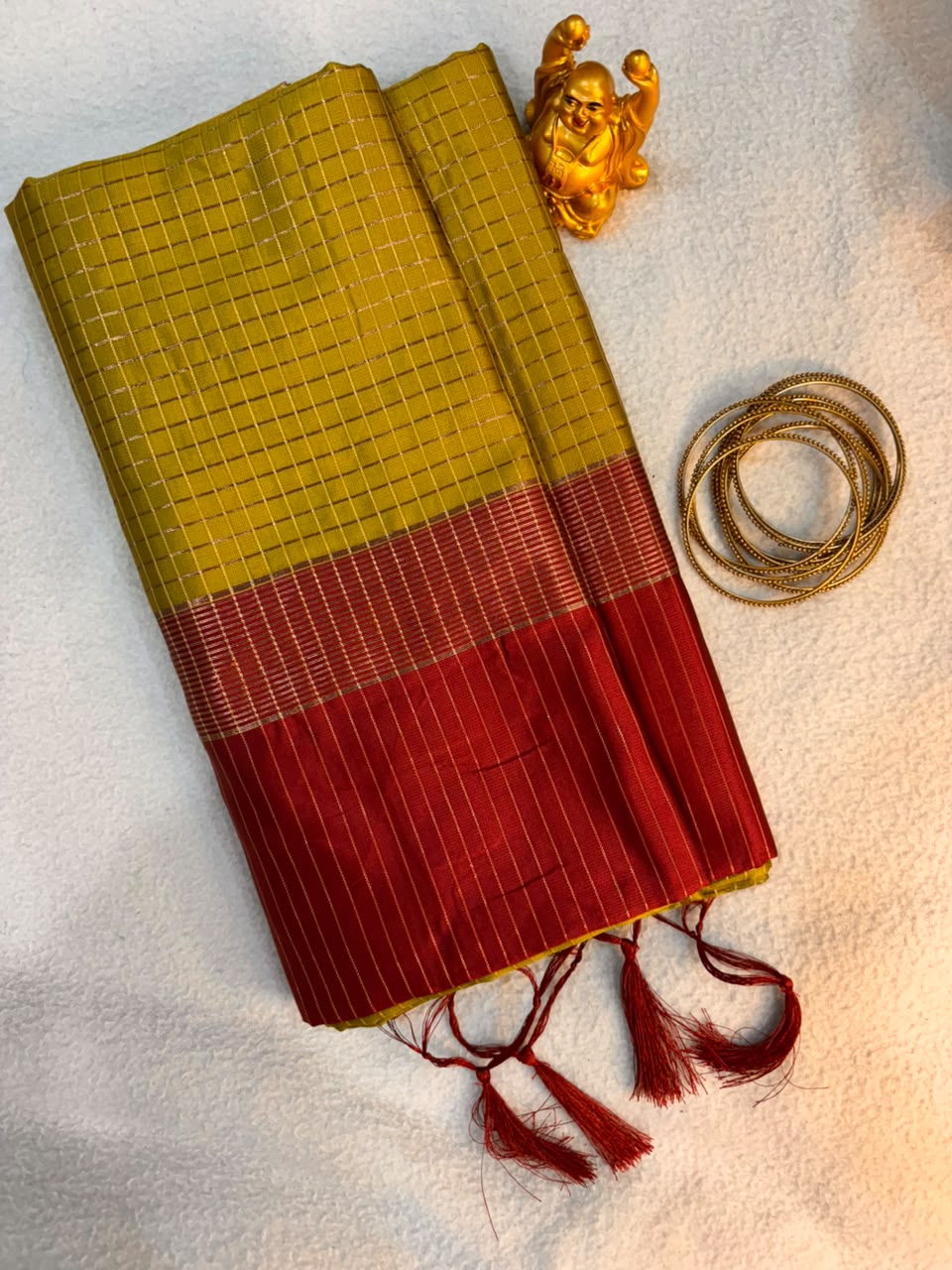 Chartreuse Olive & Crimson Maroon Soft Silk Saree  MPSS003