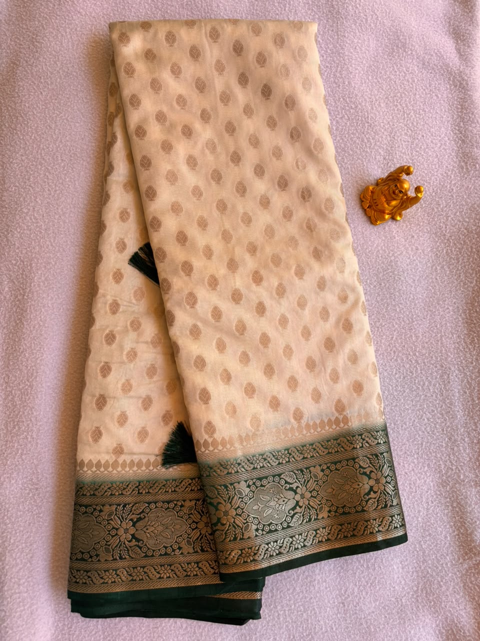 Ivory Cream & Emerald Green Semi Banarasi Silk Saree SBB003