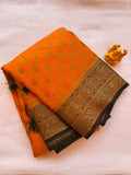 Marigold Orange & Bottle Green Semi Banarasi Soft Silk Saree  SBB007