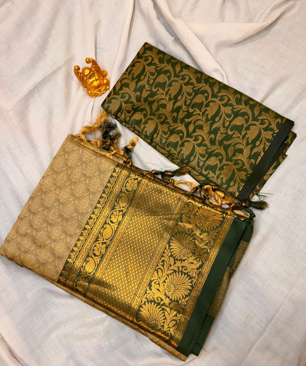 Champagne Gold & Emerald Green Satin Silk Saree with Brocade Blouse  MPSZ001