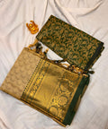 Champagne Gold & Emerald Green Satin Silk Saree with Brocade Blouse  MPSZ001