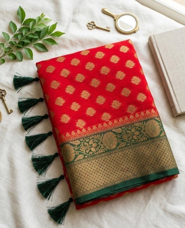 Red and Green Semi Banarasi Saree SBB002