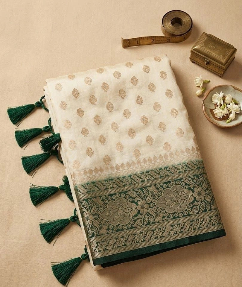 Ivory Cream & Emerald Green Semi Banarasi Silk Saree SBB003