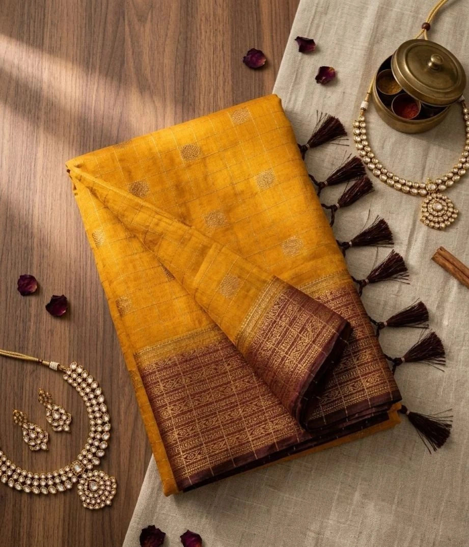 Mustard Haldi Yellow & Deep Maroon Semi Banarasi Silk Saree SBC003