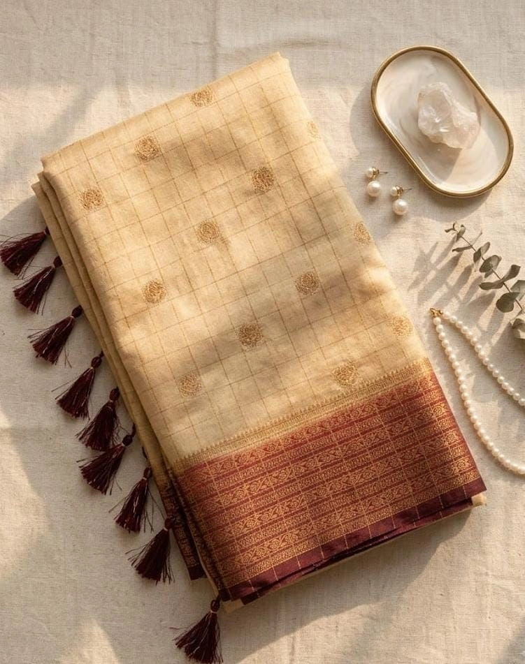 Tussar Gold & Deep Wine Checked Semi Banarasi Silk Saree SBC002