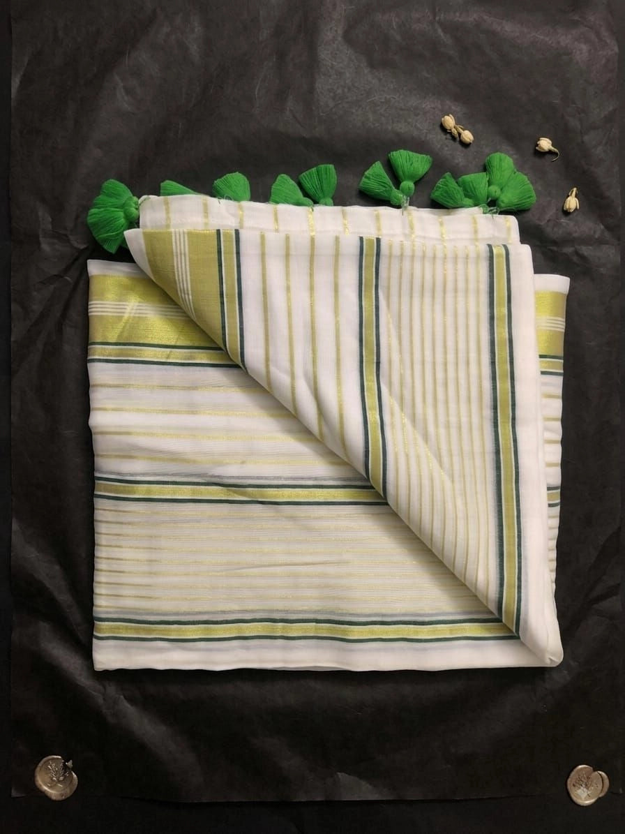 Ivory & Sage Striped Handloom Mul Cotton Saree (120 Count)
