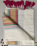 Off-White 120 Count Mul Cotton Saree with Multi-Colored Zari Border & Fuchsia Tassels