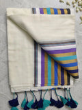 Off-White 120 Count Mul Cotton Saree with Multi-Colored Zari Border & Dual-Tone Tassels