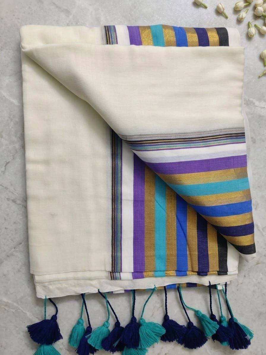 Off-White 120 Count Mul Cotton Saree with Multi-Colored Zari Border & Dual-Tone Tassels