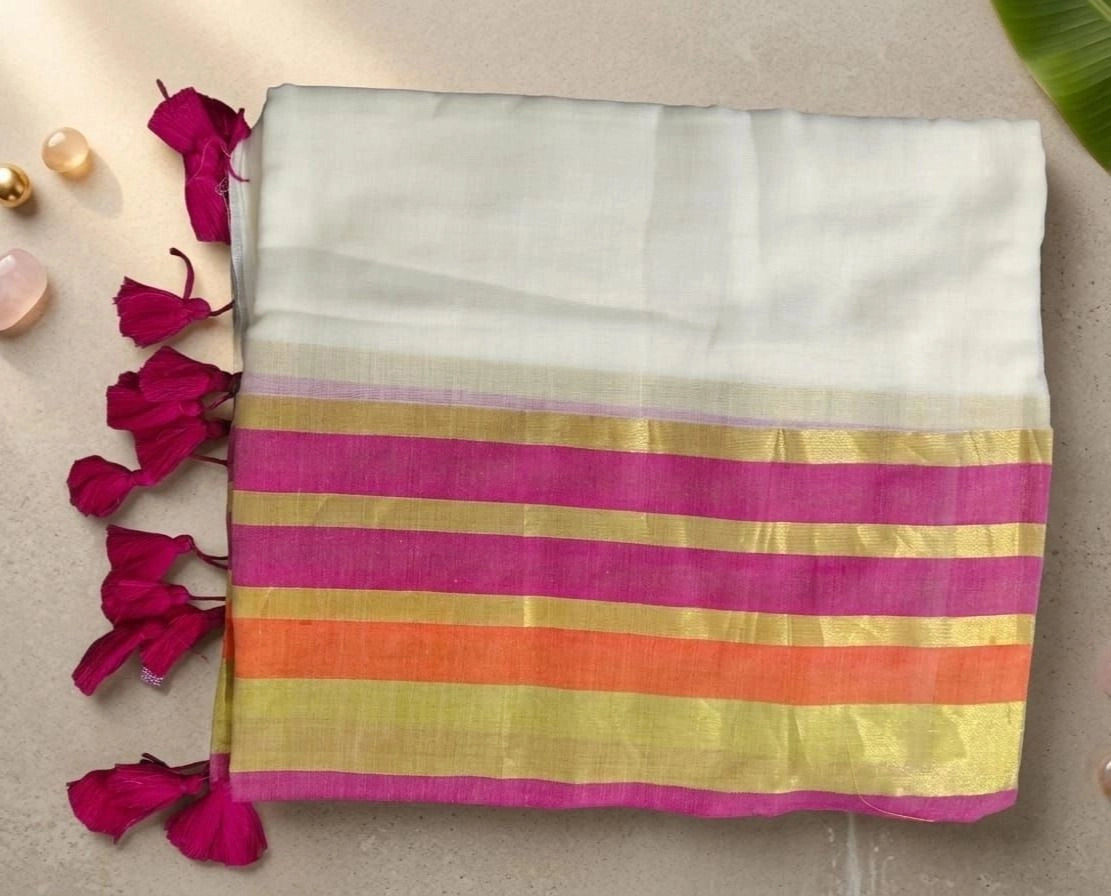 Off-White 120 Count Mul Cotton Saree with Festive Multi-Color Zari Border & Magenta Tassels