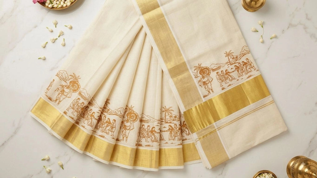 Off-White Kerala Cotton Saree with Festive Onam Mahabali Print & Gold Kasavu Zari Border   Mahabali