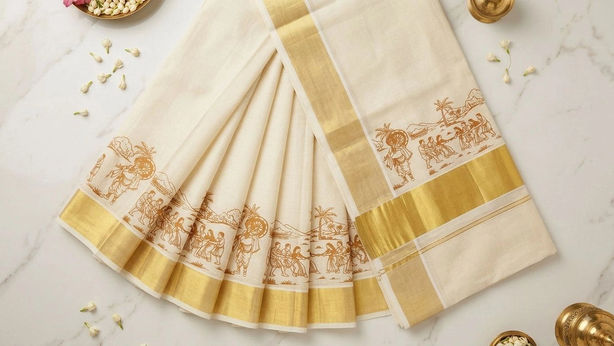 Off-White Kerala Cotton Saree with Festive Onam Mahabali Print & Gold Kasavu Zari Border   Mahabali