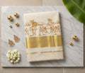 Off-White Kerala Cotton Saree with Festive Onam Mahabali Print & Gold Kasavu Zari Border   Mahabali