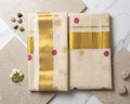 Off-White Kerala Cotton Saree with Magenta & Gold Polka Dots and Kasavu Zari Border ONAM002