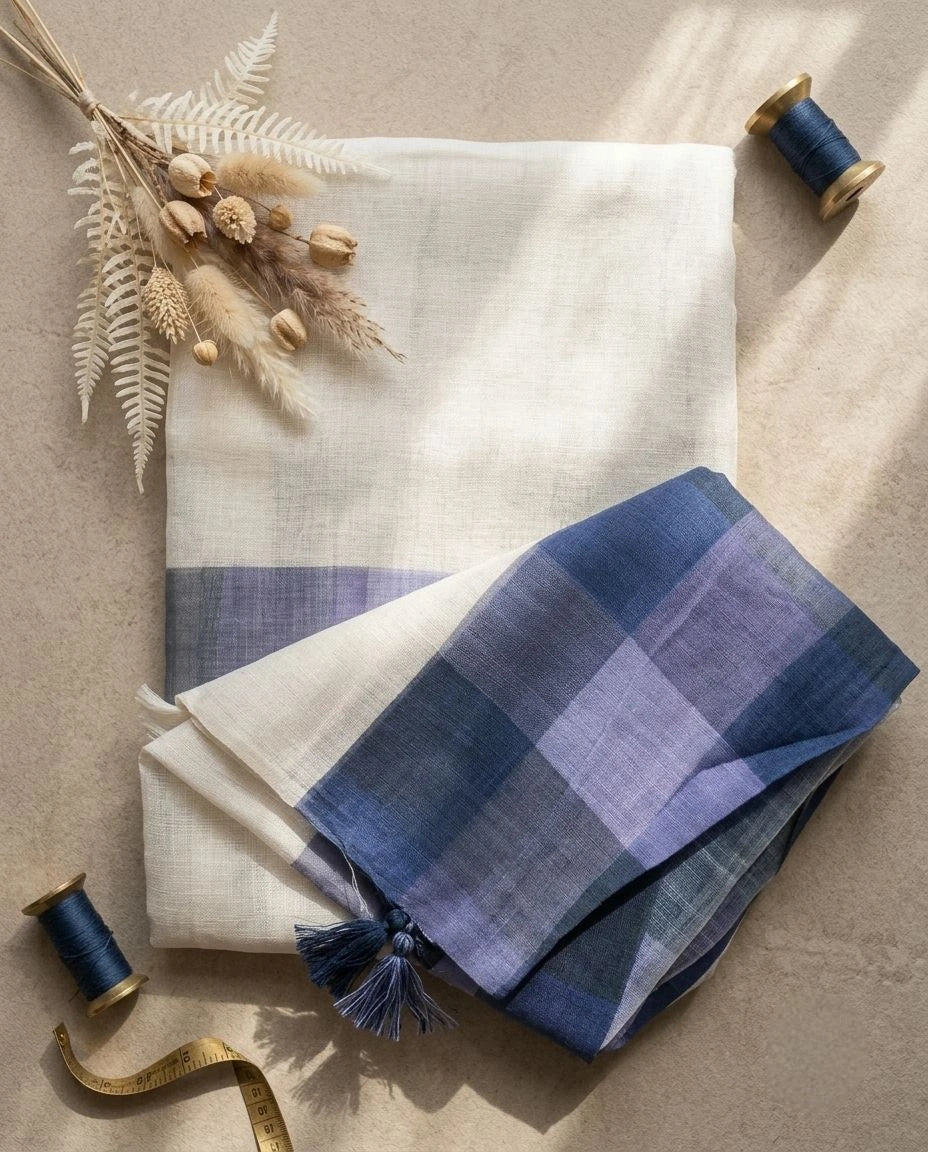 Off-White & Blue-Lilac Checkered Saree  LC002