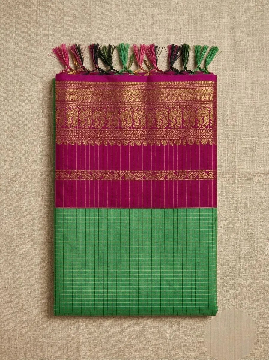 Olive Green and Magenta Checkered Kalyani Cotton Saree  KLC007