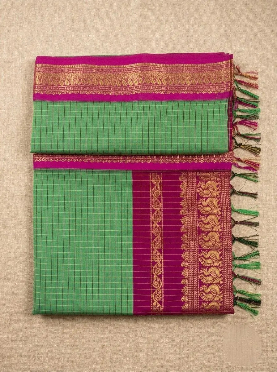 Olive Green and Magenta Checkered Kalyani Cotton Saree  KLC007