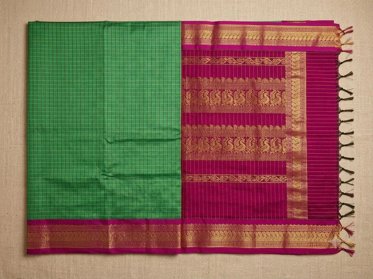 Olive Green and Magenta Checkered Kalyani Cotton Saree  KLC007