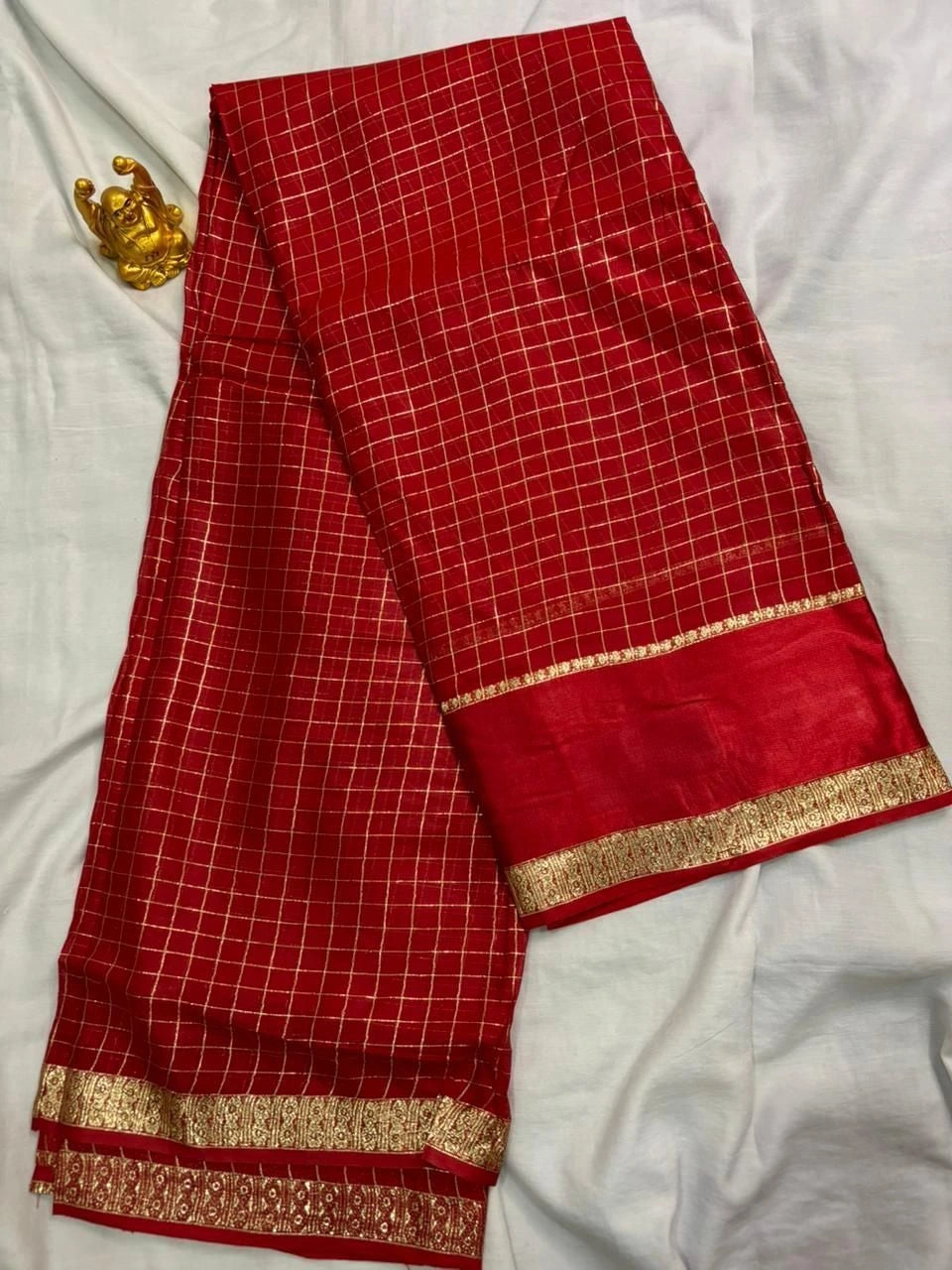 Scarlet Red Checkered Viscose Saree with Ornate Zari Border VIW001