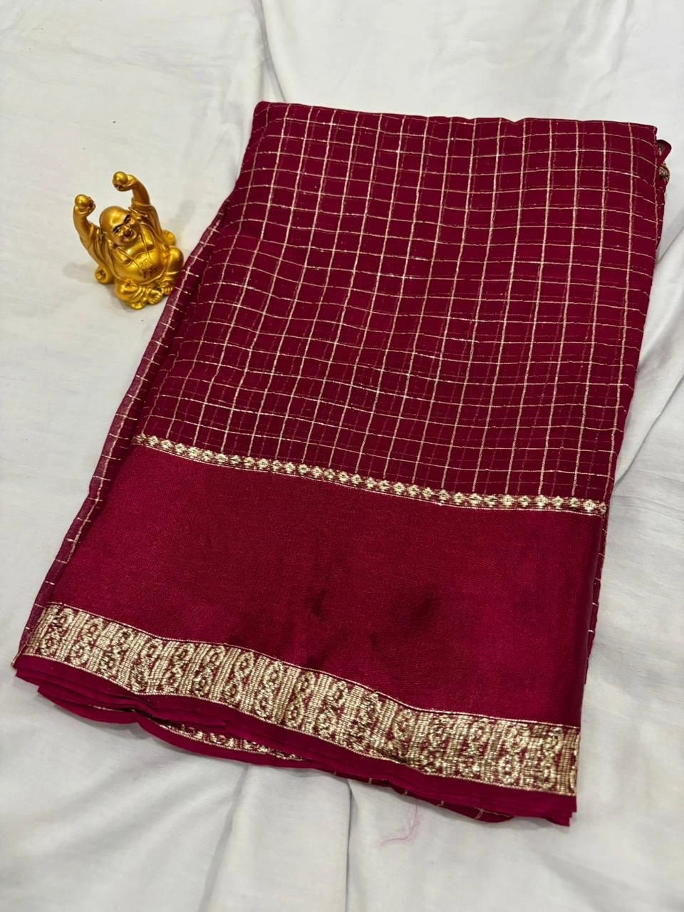 Wine Maroon Checkered Viscose Saree with Ornate Zari Border  VIW002