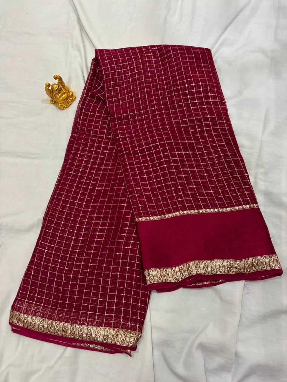 Wine Maroon Checkered Viscose Saree with Ornate Zari Border  VIW002