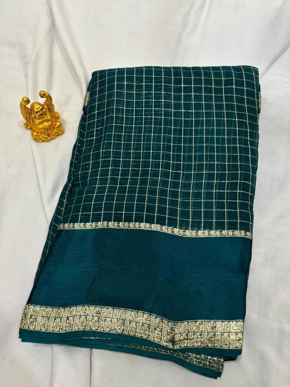 Deep Teal Green Checkered Viscose Saree with Ornate Zari Border  VIW003
