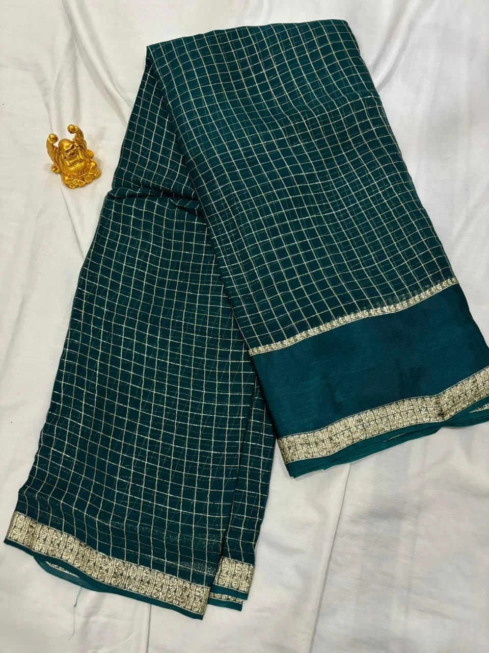 Deep Teal Green Checkered Viscose Saree with Ornate Zari Border  VIW003