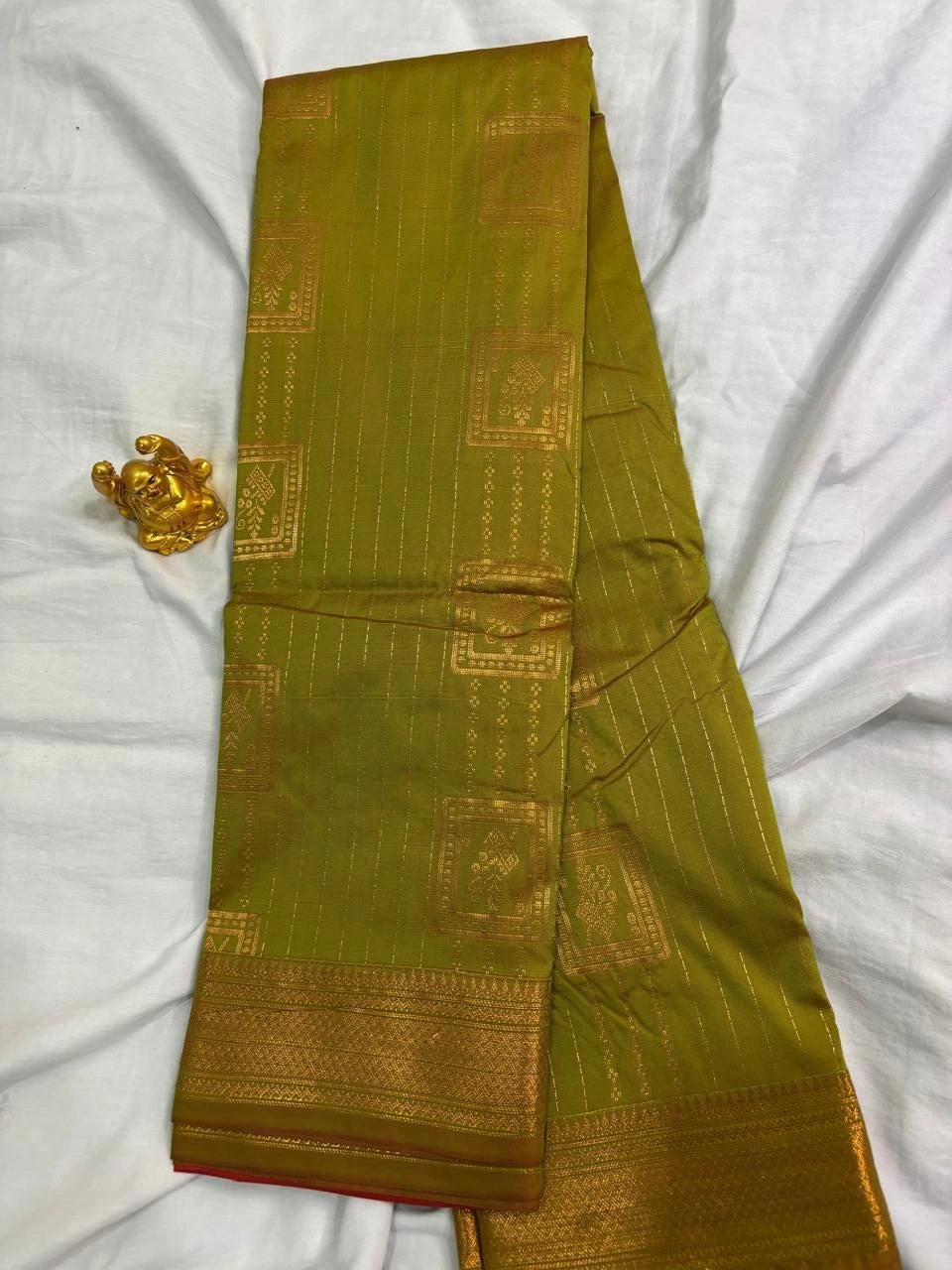 Olive Green & Tangerine Orange Vaira Oosi Soft Silk Saree  VOS003