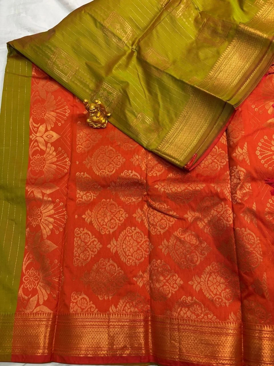 Olive Green & Tangerine Orange Vaira Oosi Soft Silk Saree  VOS003