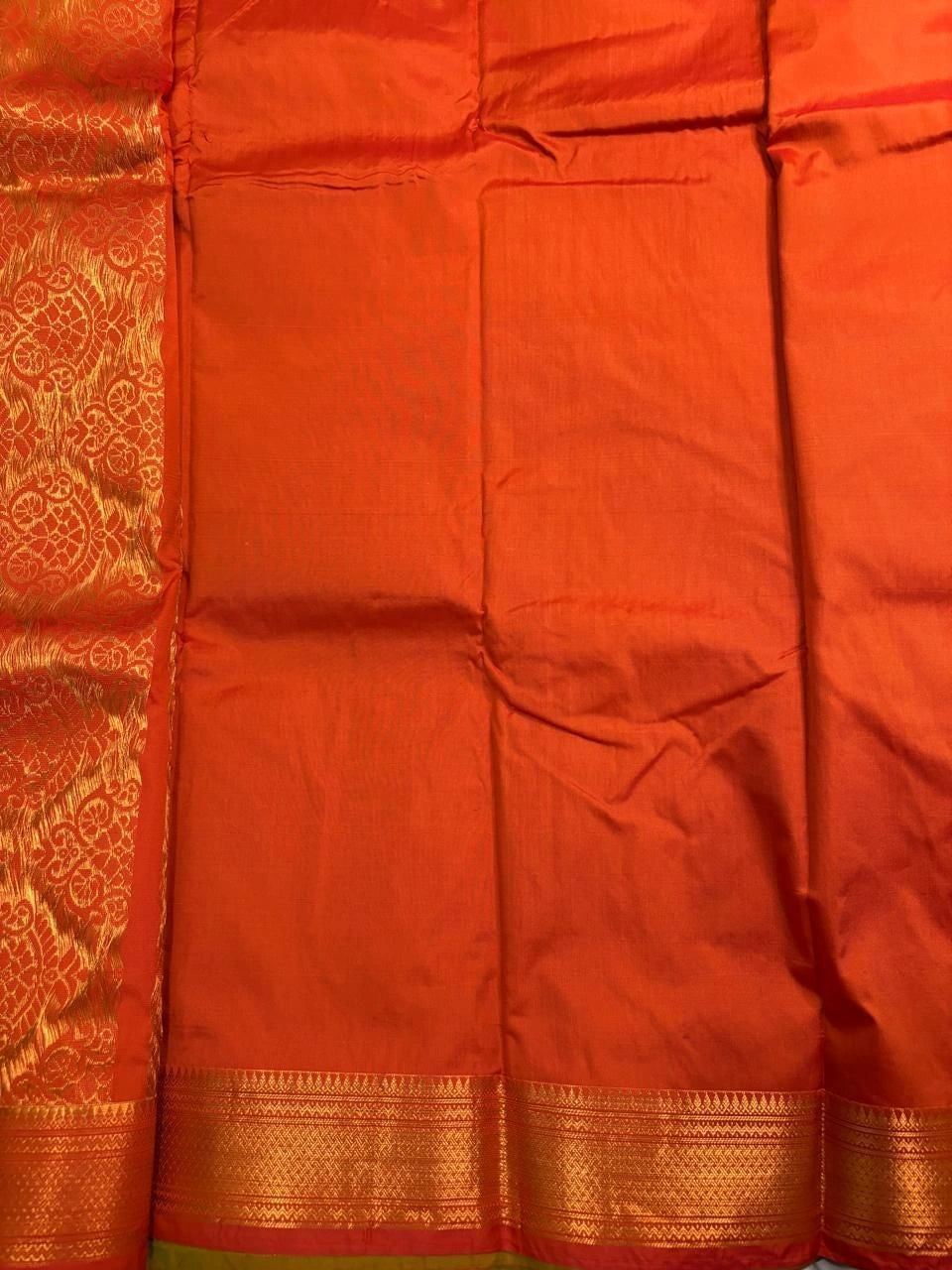 Olive Green & Tangerine Orange Vaira Oosi Soft Silk Saree  VOS003