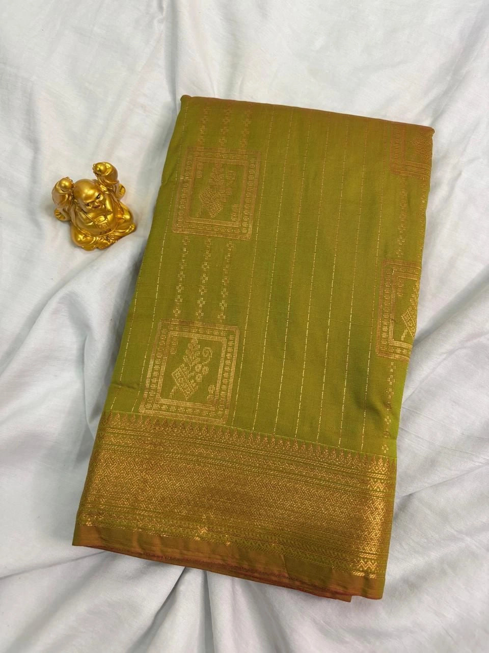 Olive Green & Tangerine Orange Vaira Oosi Soft Silk Saree  VOS003