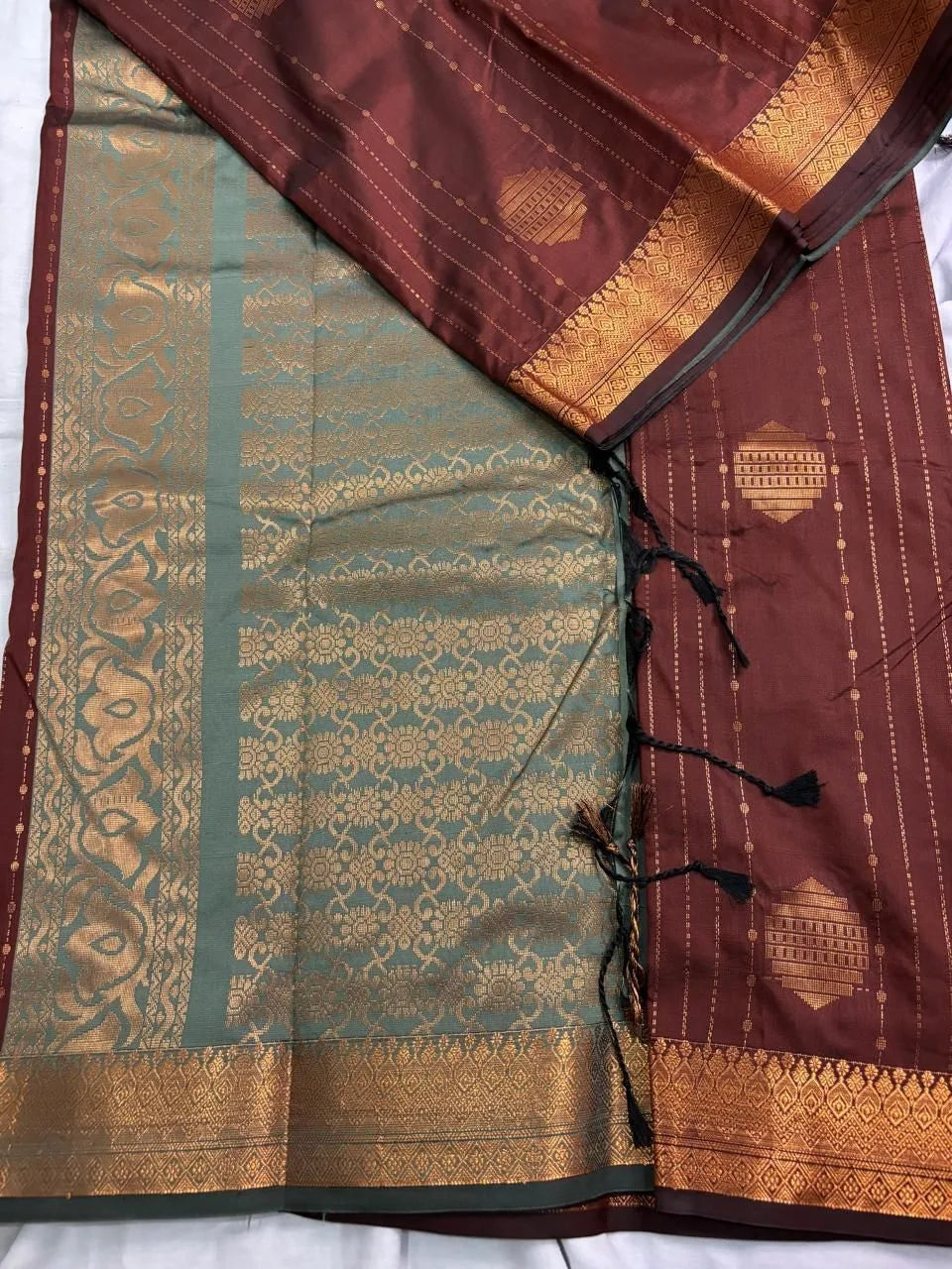 Rustic Copper Brown & Sage Grey Vaira Oosi Soft Silk Saree  VOS002
