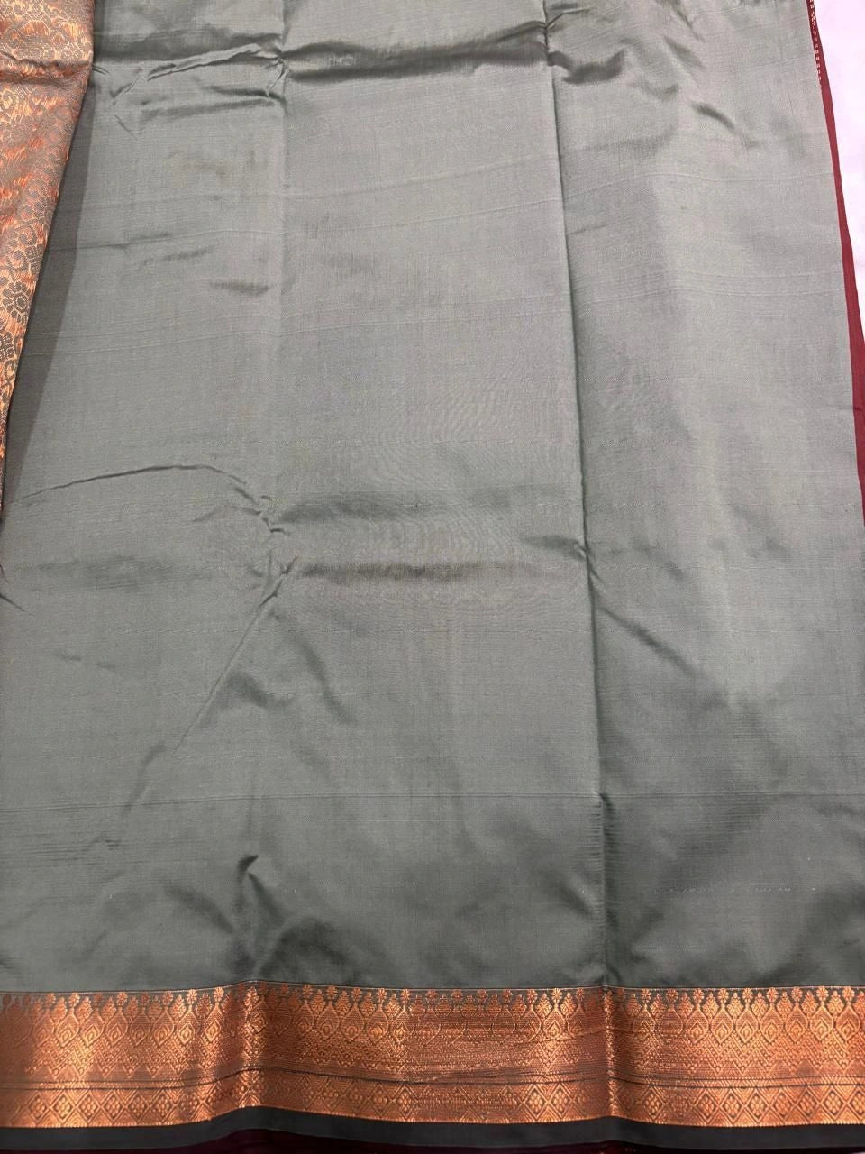 Rustic Copper Brown & Sage Grey Vaira Oosi Soft Silk Saree  VOS002
