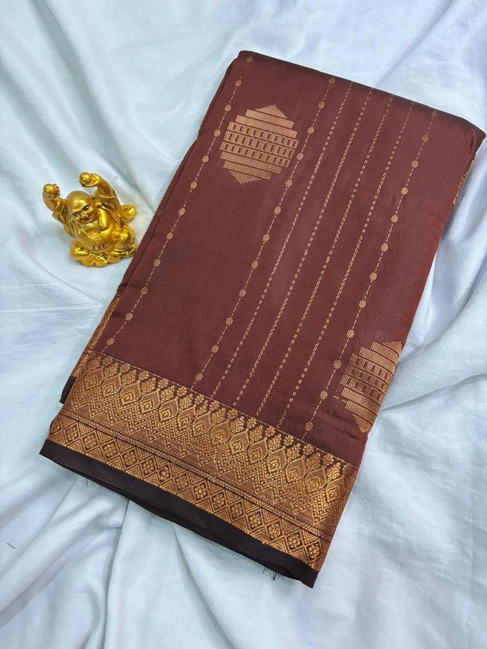 Rustic Copper Brown & Sage Grey Vaira Oosi Soft Silk Saree  VOS002