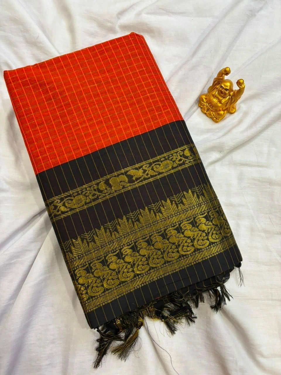 Rust Orange & Jet Black Checkered Kalyani Cotton Saree  KALYANI002
