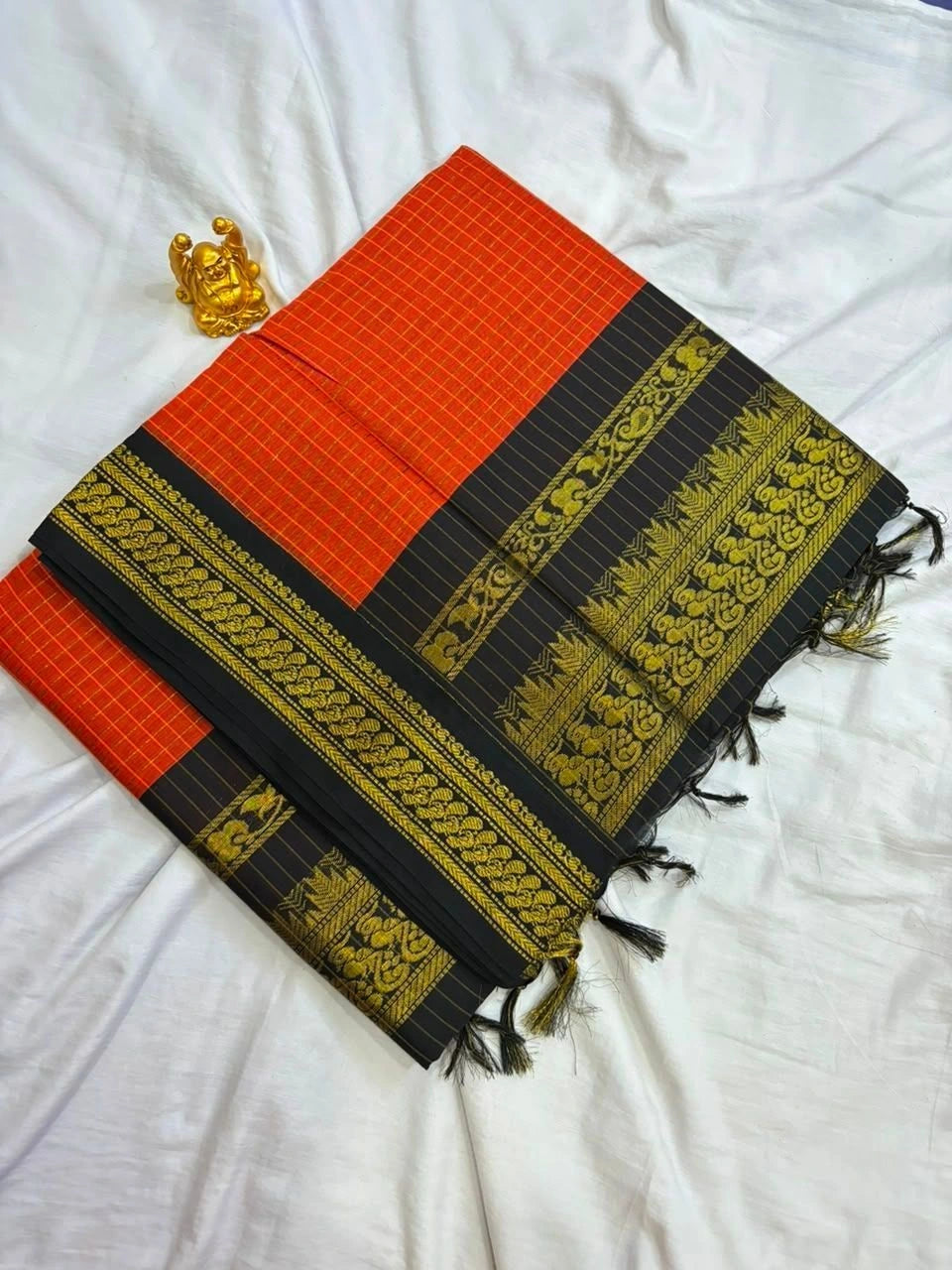 Rust Orange & Jet Black Checkered Kalyani Cotton Saree  KALYANI002