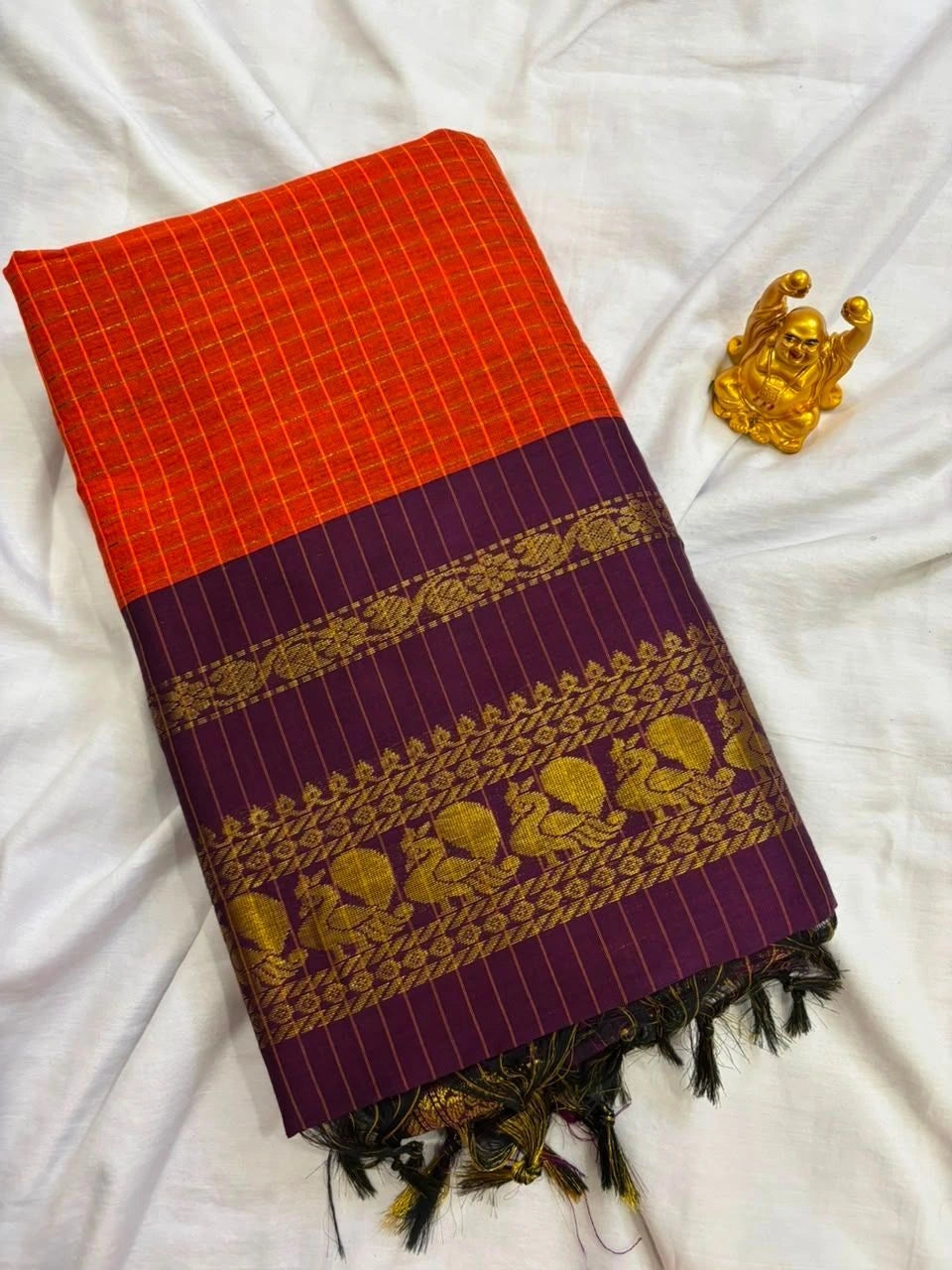 Rust Orange & Deep Purple Checkered Kalyani Cotton Saree  KALYANI003