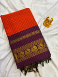 Rust Orange & Deep Purple Checkered Kalyani Cotton Saree  KALYANI003