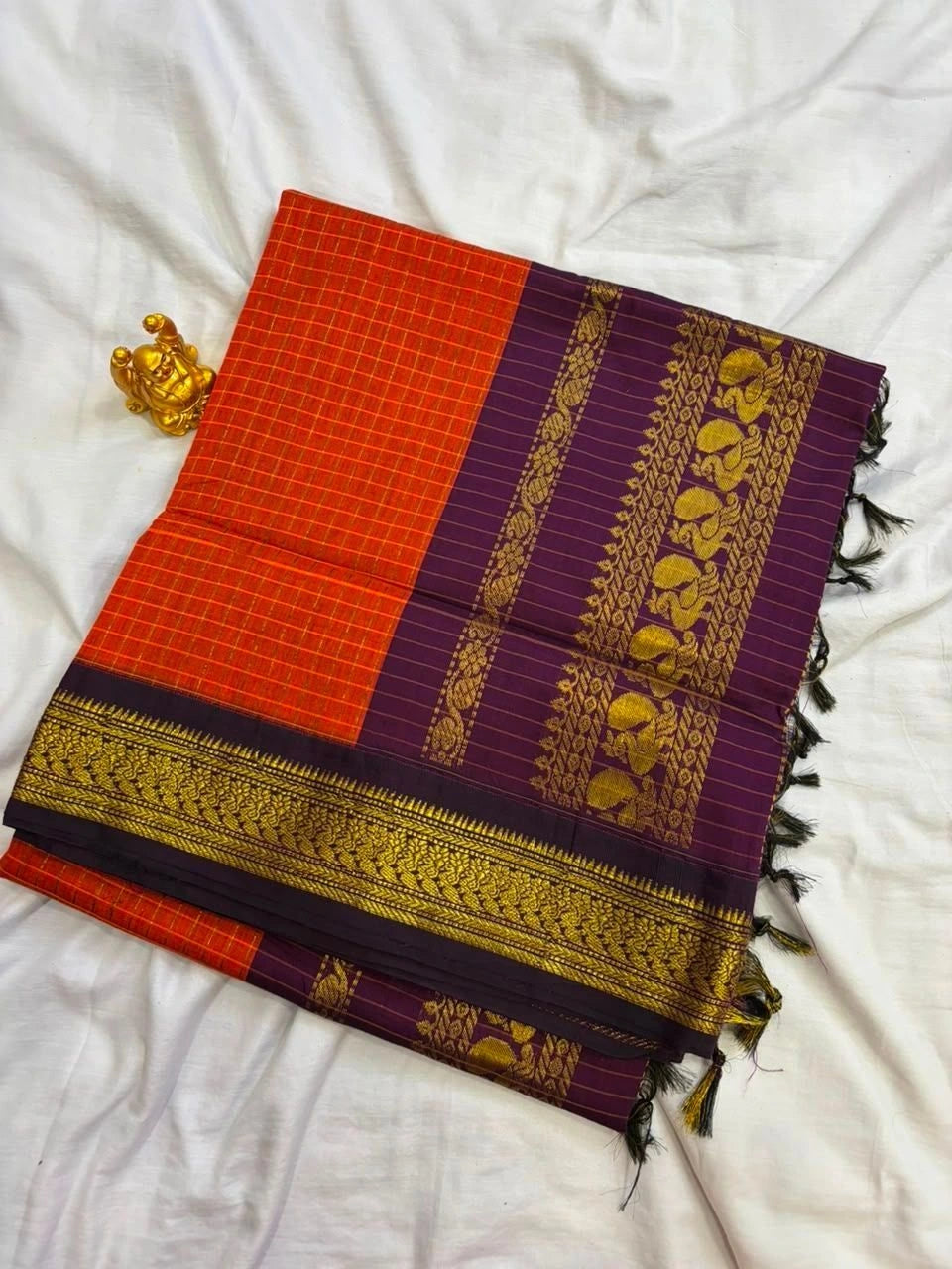 Rust Orange & Deep Purple Checkered Kalyani Cotton Saree  KALYANI003