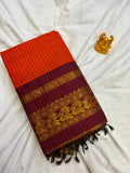 Rust Orange & Wine Maroon Checkered Kalyani Cotton Saree KALYANI004