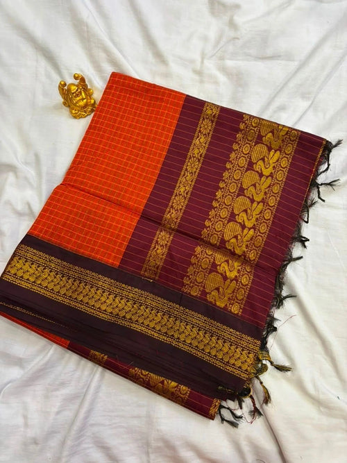 Rust Orange & Wine Maroon Checkered Kalyani Cotton Saree KALYANI004