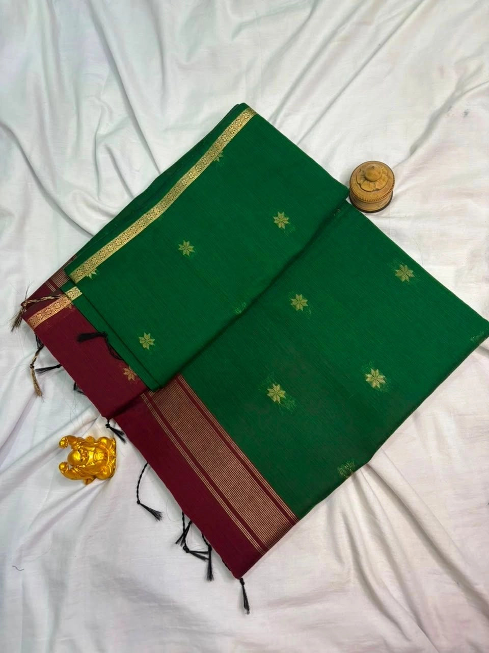 Green & Deep Maroon Maheshwari Cotton Saree  MH004