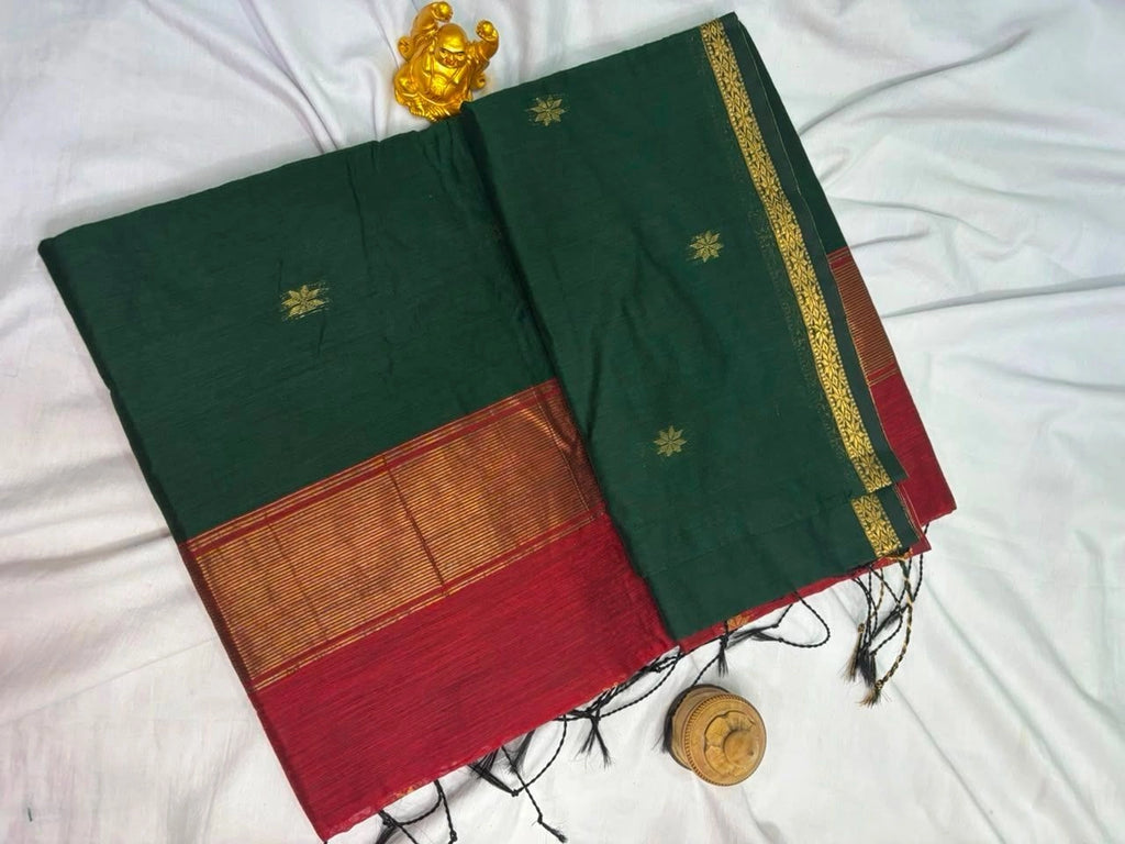 Emerald Bottle Green & Rich Crimson Red Maheshwari Cotton Saree  MH005