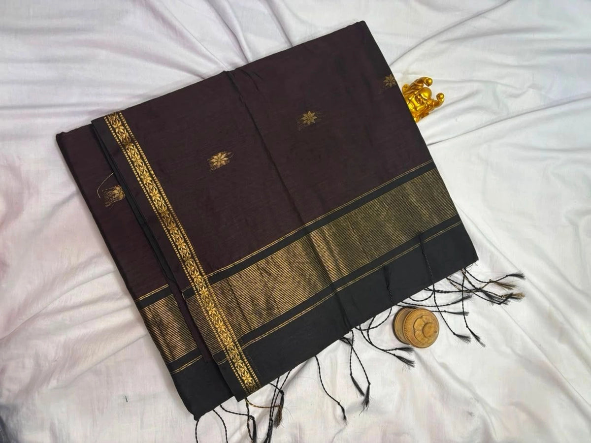 Dark Coffee Brown & Solid Black Maheshwari Cotton Saree  MH009