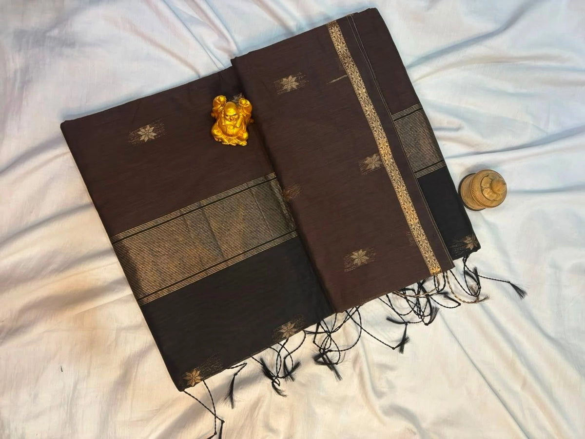 Espresso Brown & Jet Black Maheshwari Cotton Saree  MH008