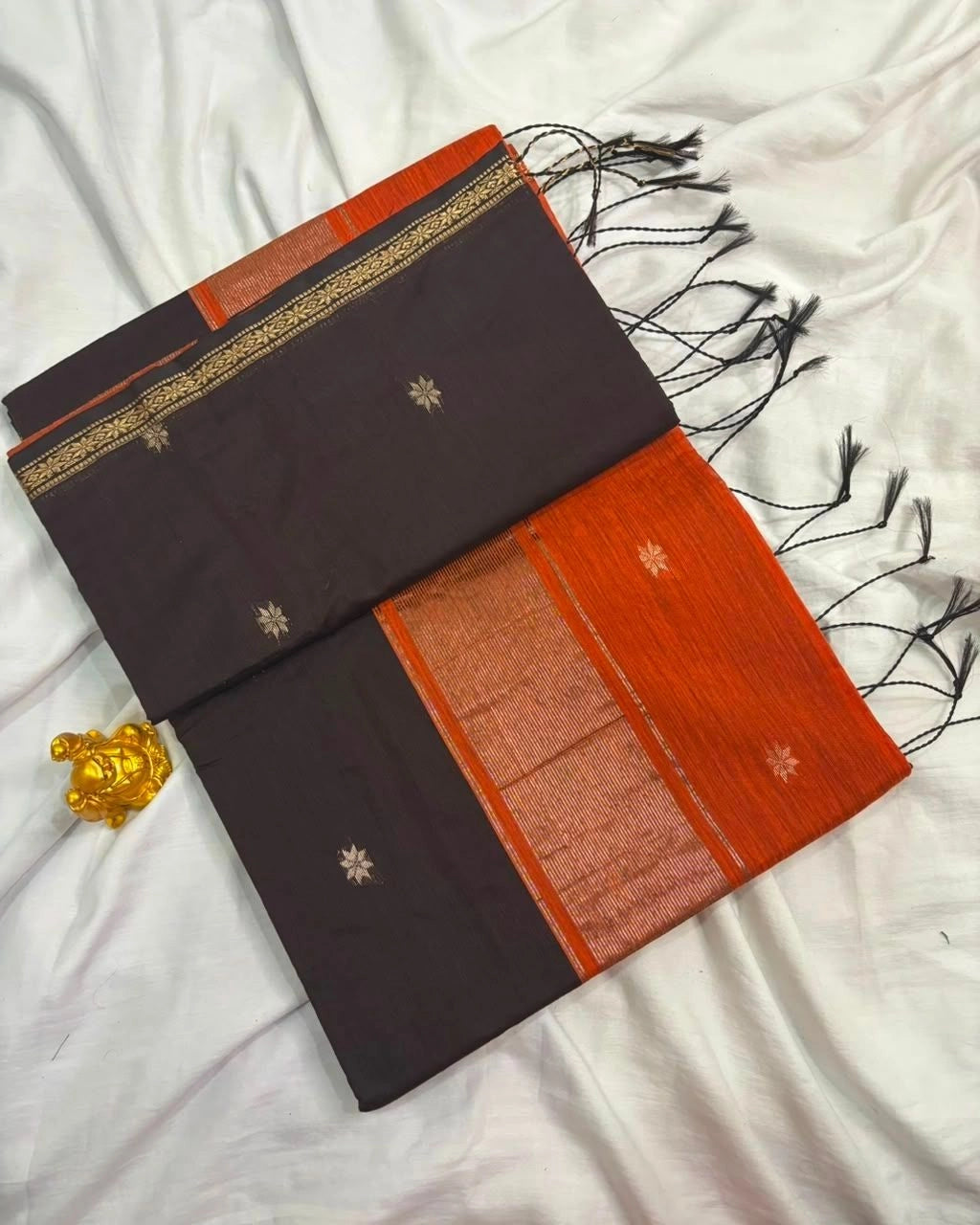 Rich Dark Brown & Rust Orange Maheshwari Cotton Saree  MH001