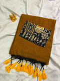 Earthy Mustard Khadi Cotton Saree with Folk Art Kalamkari Blouse  KH002