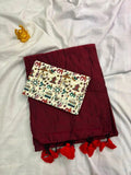 Rich Maroon Khadi Cotton Saree with Folk Art Kalamkari Blouse  KH005