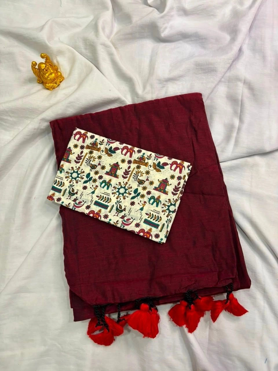Rich Maroon Khadi Cotton Saree with Folk Art Kalamkari Blouse  KH005